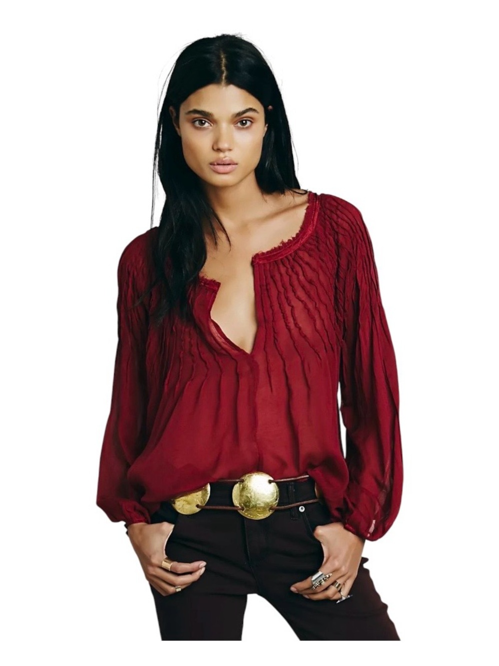 Free People FP One Burgundy Pintuck Peasant Blouse size S